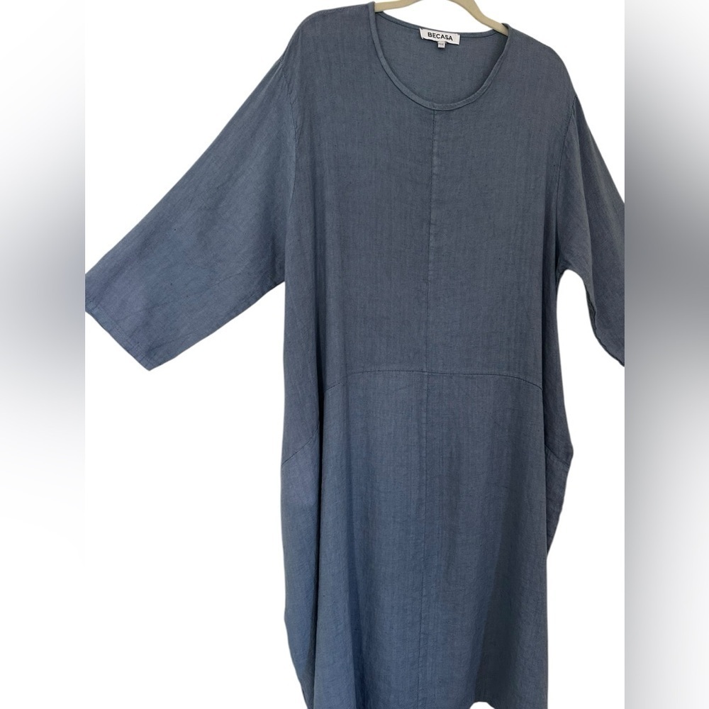Becasa Linen Midi Dress Slate Blue Os Oversized Minimalist Pockets — image 5 of 8